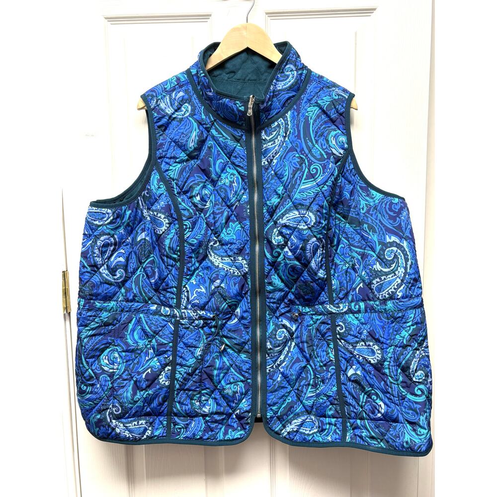 Isaac Mizrahi Live Vest Reversible Quilted 3X Green Blue Paisley Faux Suede Zip